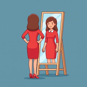A confident woman in an elegant red dress admires her smiling reflection in a standing full-length mirror, showcasing self-care and confidence.