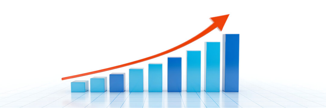 Bar chart showing upward growth with blue rectangular columns and a rising orange arrow on a clean white background, with grid lines