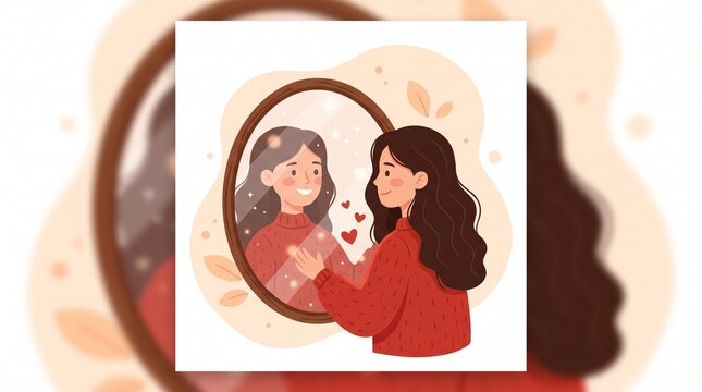 A cheerful woman smiles gently at her reflection in an oval mirror, illustrating self-love, confidence, and personal wellness with warm tones and hearts.