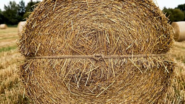 Panning tracking shot of round hay bale rolling and tied with rope in harvested farmland field during overcast daytime autumn, close ups reveal textured straw knot and rural landscape