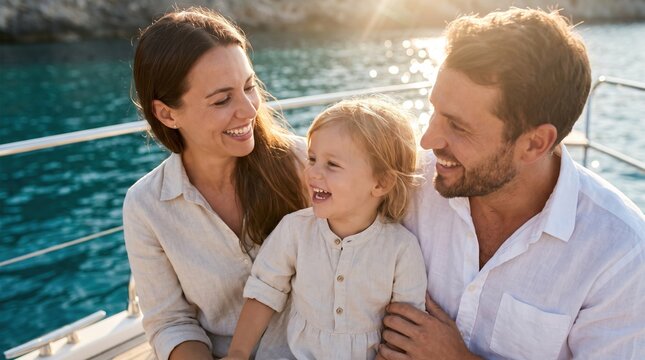 Smiling couple sitting on a yacht with their blond toddler between them, sunlight flaring over rippling water and railings; relaxed family moment during a boat trip