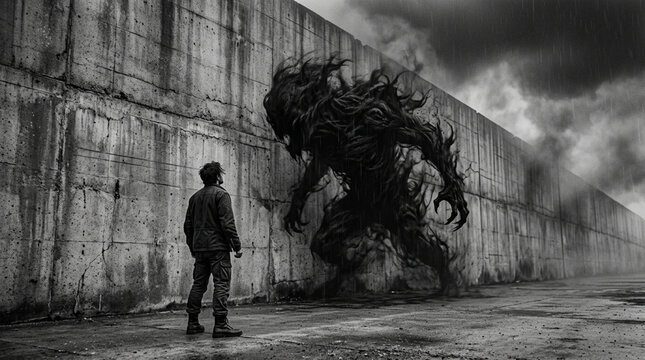Man confronts monstrous shadow creature on rainy concrete wall background