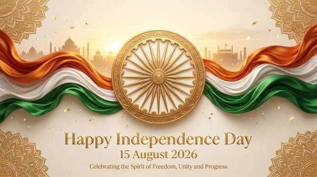 Indian Independence Day banner, Red Fort landmark, Taj Mahal, with tricolor flag, 15th August national holiday banner with Ashoka Chakra