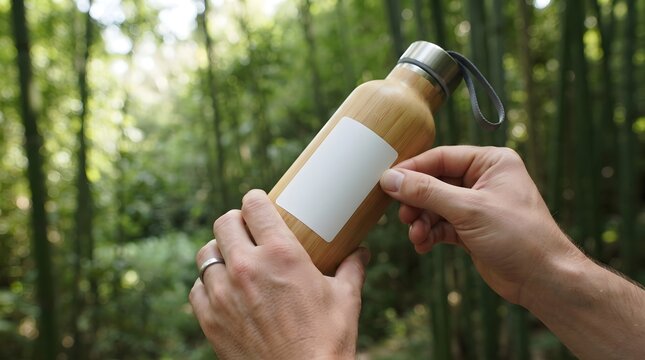 Hands Applying Vinyl Sticker Mockup to Bamboo Water Bottle for Branding