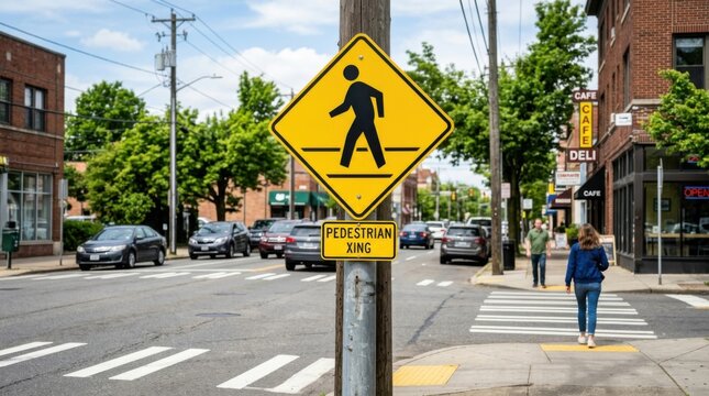 Pedestrian Crossing Sign In Busy Urban Street Scene With Traffic And Shoppers