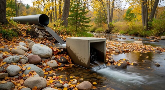 Concrete culvert discharging water into a rocky stream autumn forest backdrop