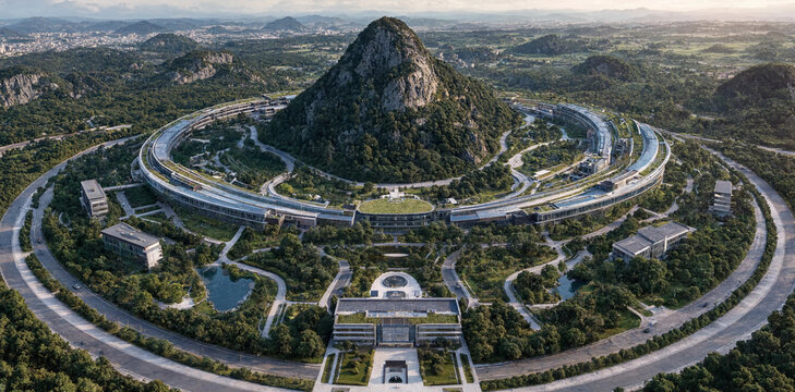 Aerial view of luxury circular modern resort buildings surrounding a mountain peak in a green landscape with mountain architecture circular landscape vacation environment development