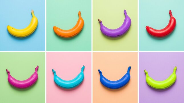 A vibrant pop art grid featuring eight bananas painted in colorful shades, set against contrasting pastel backgrounds for a playful modern aesthetic.