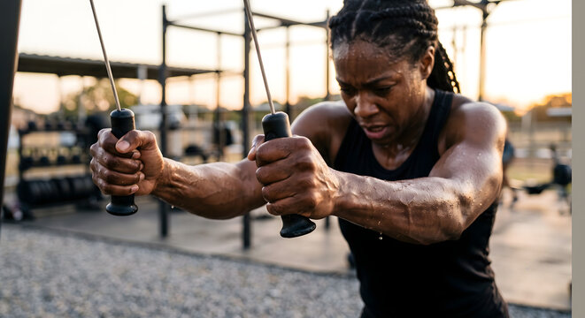 Extreme Close-up of Black woman in her 30s During SkiErg Functional Fitness Exercise