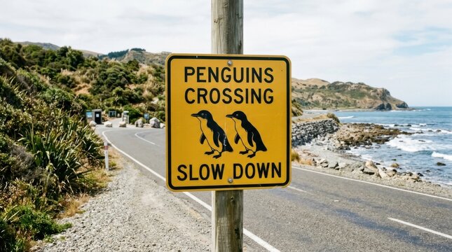 Penguin Crossing Sign Coastal Road Slow Down Warning