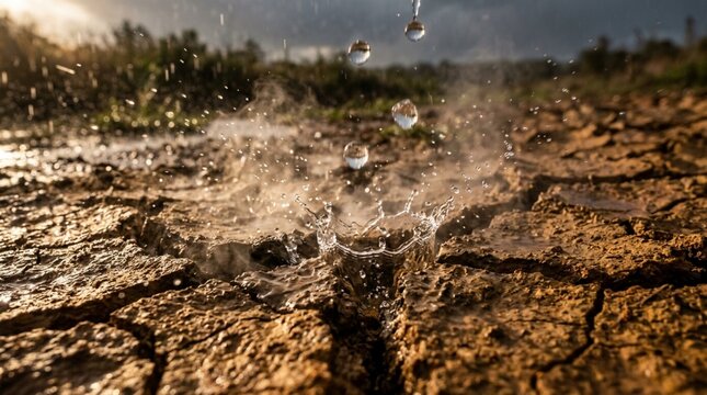 Macro shot of heavy raindrops falling and splashing onto dry, cracked earth, bringing relief to a drought-stricken landscape.