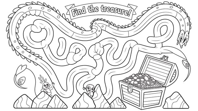 Treasure hunt maze game for kids. Printable worksheet with path to a gold chest.