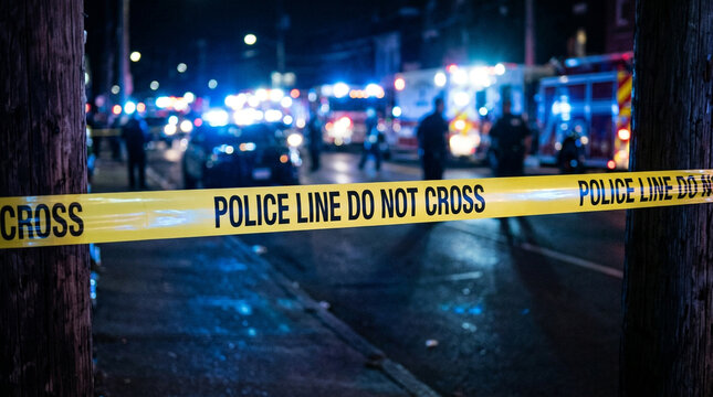 Police tape cordoning off an urban street at night.