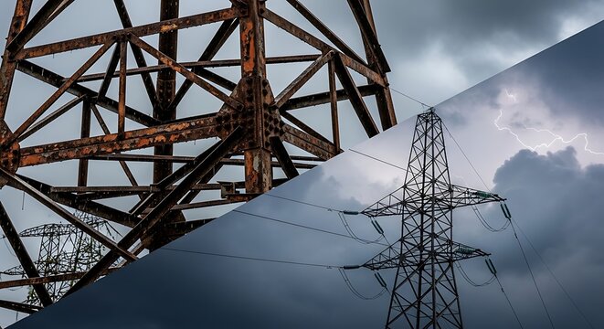 Electrical Transmission Towers Against A Stormy Sky Industrial Infrastructure electricity