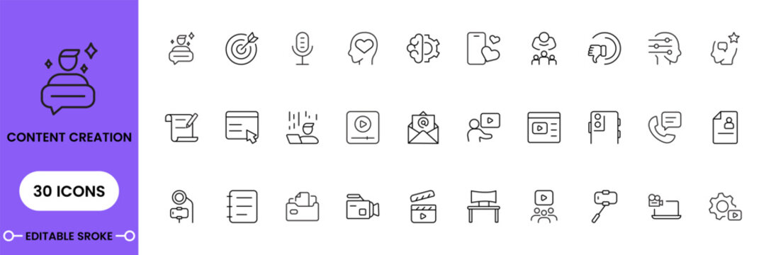 Content Creator Line Icons Set - Video Marketing, Social Media, Camera, Microphone, Chat, Influencer and Digital Content Vector Icons