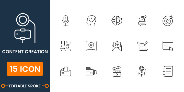 Social Media Communication Line Icons - Chat, Email, Video Call, Team, Feedback, Notification and Digital Marketing Vector Icon Set