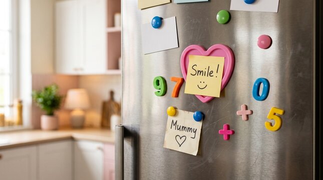 Colorful magnets, sticky notes reading "Smile!" and "Mummy", and plastic numbers decorate a stainless steel refrigerator door in a bright, cozy kitchen.