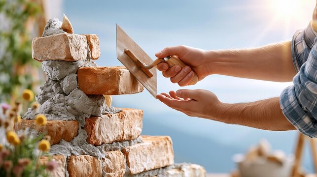 AI generator images of worker is laying red clay bricks. Experienced plasterer applying smooth cement plaster to a brick wall with a steel trowel, fresh mortar, construction site, realistic wall finis