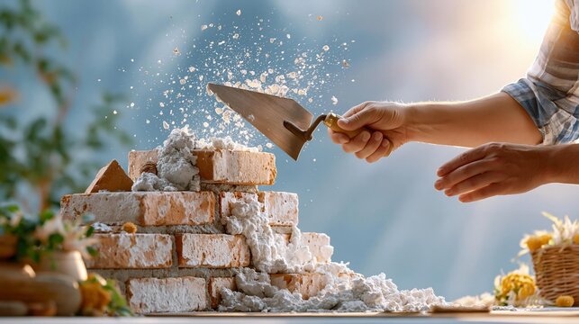 AI generator images of worker is laying red clay bricks. Experienced plasterer applying smooth cement plaster to a brick wall with a steel trowel, fresh mortar, construction site, realistic wall finis