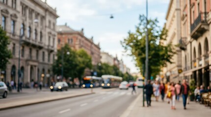 Fototapeta premium Blurred city street urban landscape morning traffic busy sidewalk architecture transport outdoor background