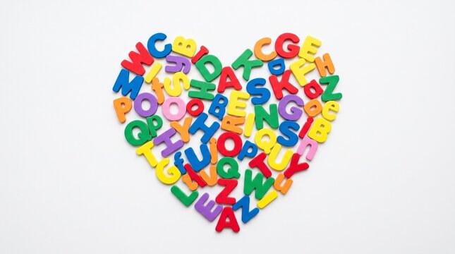 Colorful toy alphabet letters arranged neatly into a heart shape on a clean white background, symbolizing a passion for reading, learning, and typography.