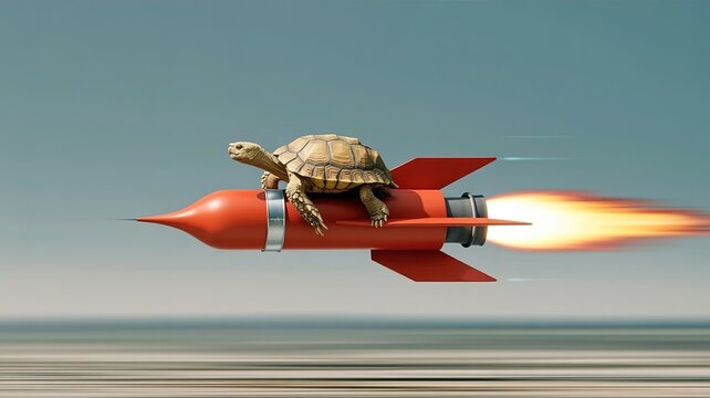 A brown tortoise riding a fast red rocket with fire exhaust