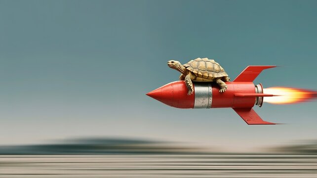 A tortoise riding a fast red rocket through the sky