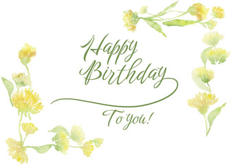 Hand painted watercolor happy birthday greeting card featuring delicate dandelion flowers and botanical elements. Elegant floral design with soft pastel colors, perfect for birthday greetings © Per la Margo