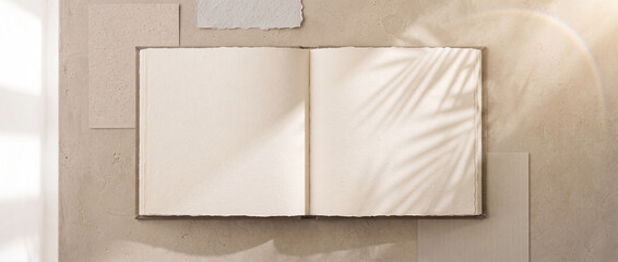 Fototapeta premium Open book mockup with blank pages lying on a neutral beige plaster background with palm shadows, ideal for aesthetic branding, artwork presentation, or portfolio design