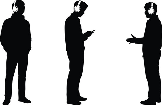 Modern Male Silhouette Collection Vector Illustration, Standing Men with Headphones Smartphone and Conversation Gestures Isolated on White Background Design
