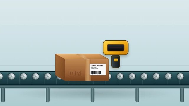 Package scanning on conveyor belt for express delivery and shipping process.