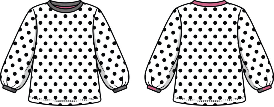 Polka Dot Long Sleeve Shirt Template Vector Illustration, Front and Back Casual Apparel Mockup Isolated on White Background Design