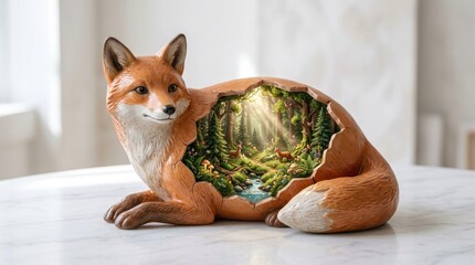 Fototapeta premium Fox sculpture with miniature enchanted forest interior