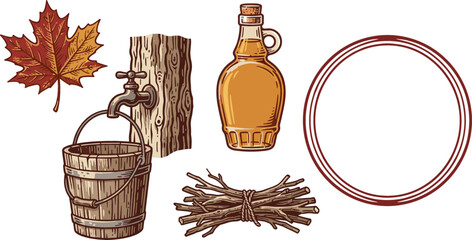 Maple Syrup Harvesting Vector Icon Set with Autumn Leaf Wooden Bucket Bottle Tap Tree Trunk and Twigs for Organic Product Branding © MdMohsin