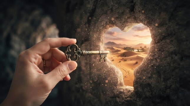 Hand holding key opening heart shaped hole to desert landscape