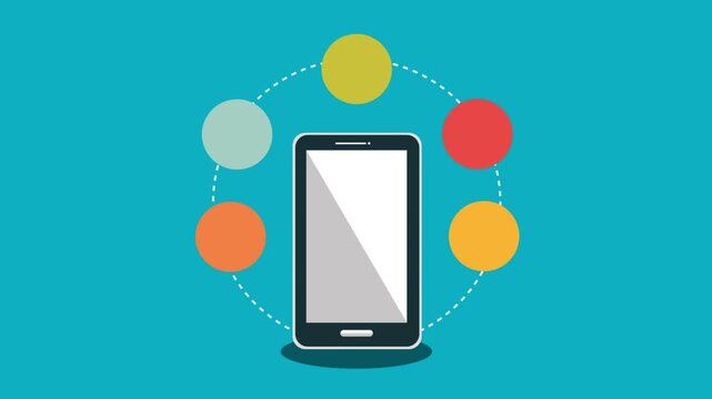 Smartphone with Orbiting Colorful Circle App Icons Flat Design Motion Animation Background