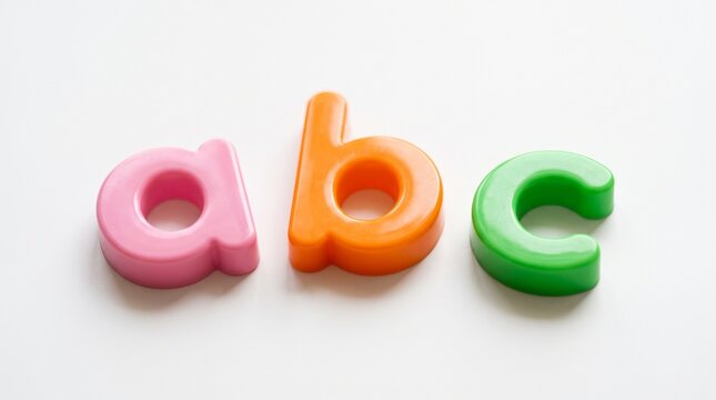 Bright pink, orange, and green plastic toy letters forming a, b, and c isolated on a clean white background, perfect for early childhood education and learning concepts.