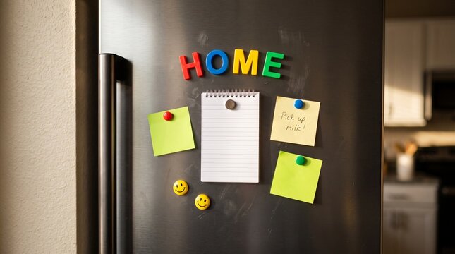 A stainless steel refrigerator door features colorful alphabet magnets spelling "HOME," sticky notes, smiley face magnets, and a blank notepad for notes.