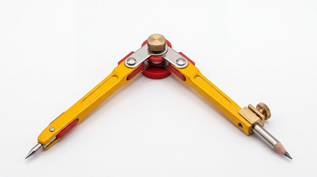 Metal drafting compass with bright yellow arms and graphite pencil tip isolated on white background