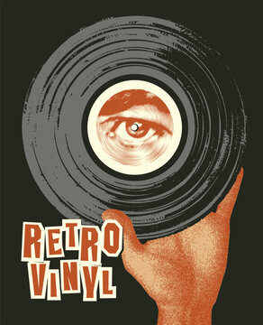 Vector banner or retro poster for vinyl record store with human hand holding vinyl record with eye design. Suitable for creative use, advertising, logos, or T-shirt designs.