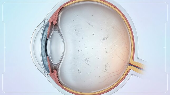 Close-up 3D medical render of a human eye cross section displayed on a futuristic digital interface showing the vitreous humor and floating particles for ophthalmology and medical study.