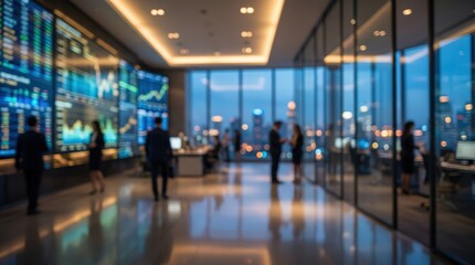 Fototapeta premium Modern business trading floor blurred background financial data screens corporate office city view professional work environment stock market
