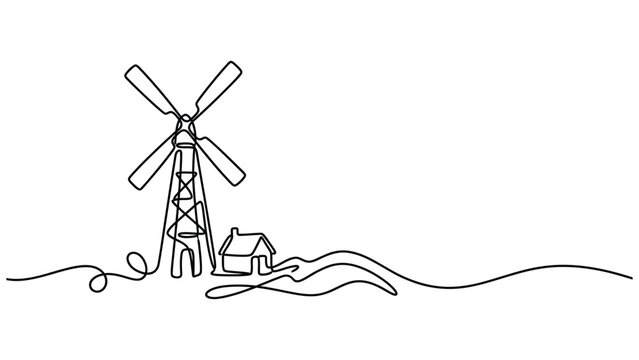 windmill Minimalist Continuous One Line Drawing, Modern Vector Line Art Isolated on White Background