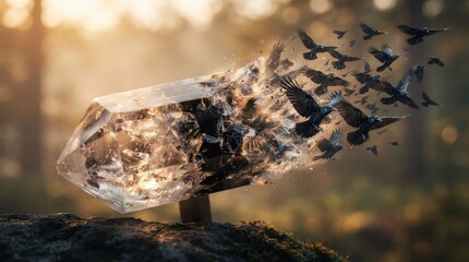 Obraz premium Clear crystal transforming into a flock of black birds