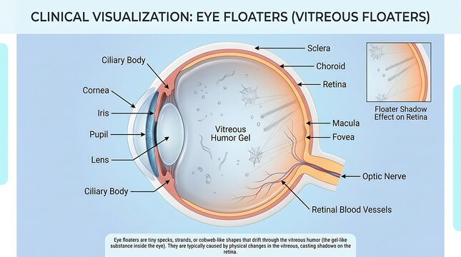 Detailed clinical visualization of the human eye showing labeled anatomical structures and a specific inset depicting the shadow effect of vitreous floaters cast upon the retina for study.