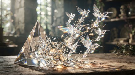 Obraz premium Crystal prism transforming into a flock of hummingbirds