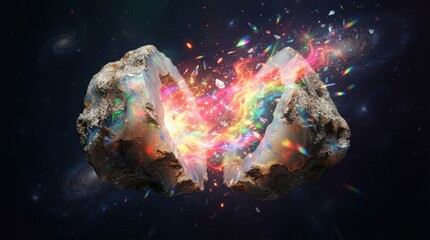Obraz premium Exploding rock geode with colorful nebula energy