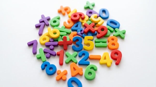 A colorful pile of magnetic plastic numbers and math symbols scattered across a white background, perfect for early childhood education and playful learning.