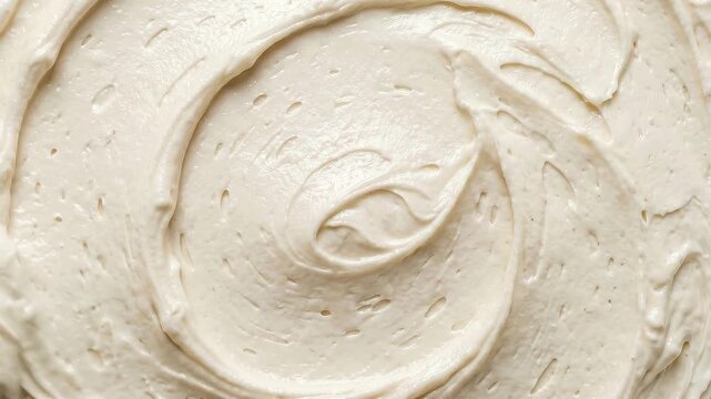 Slow motion topdown tracking shot of creamy spread being swirled on flat surface in studio kitchen, closeup texture study showing smooth circular motion