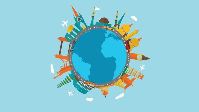 Flat Design Famous World Landmarks Pop Up Around Rotating Earth Globe with Cars and Airplanes Animation